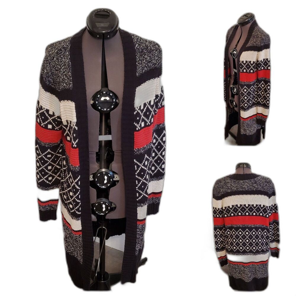 St Johns Bay Women's Sweater Coat Small Black Red Cream Cardigan Heavy Weight